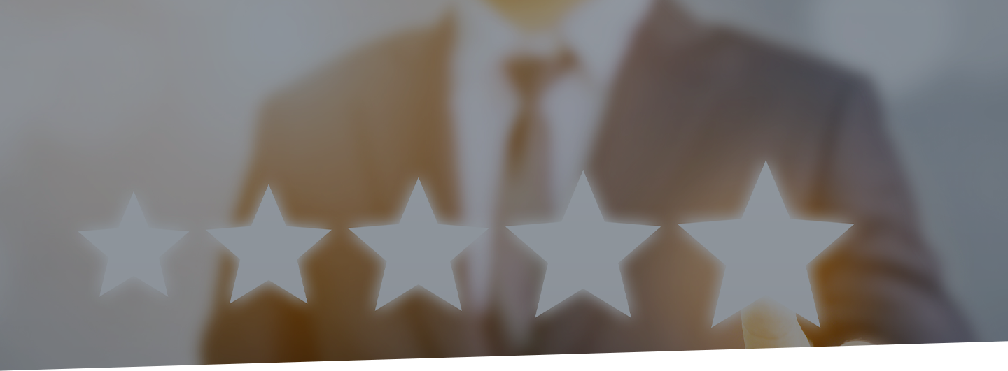 Five-star graphics in front of blurred image of a businessman. Customer reviews concept.